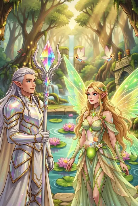 Light and Yophiel, two Kingdom guides, beside a glowing fountain in an enchanted forest